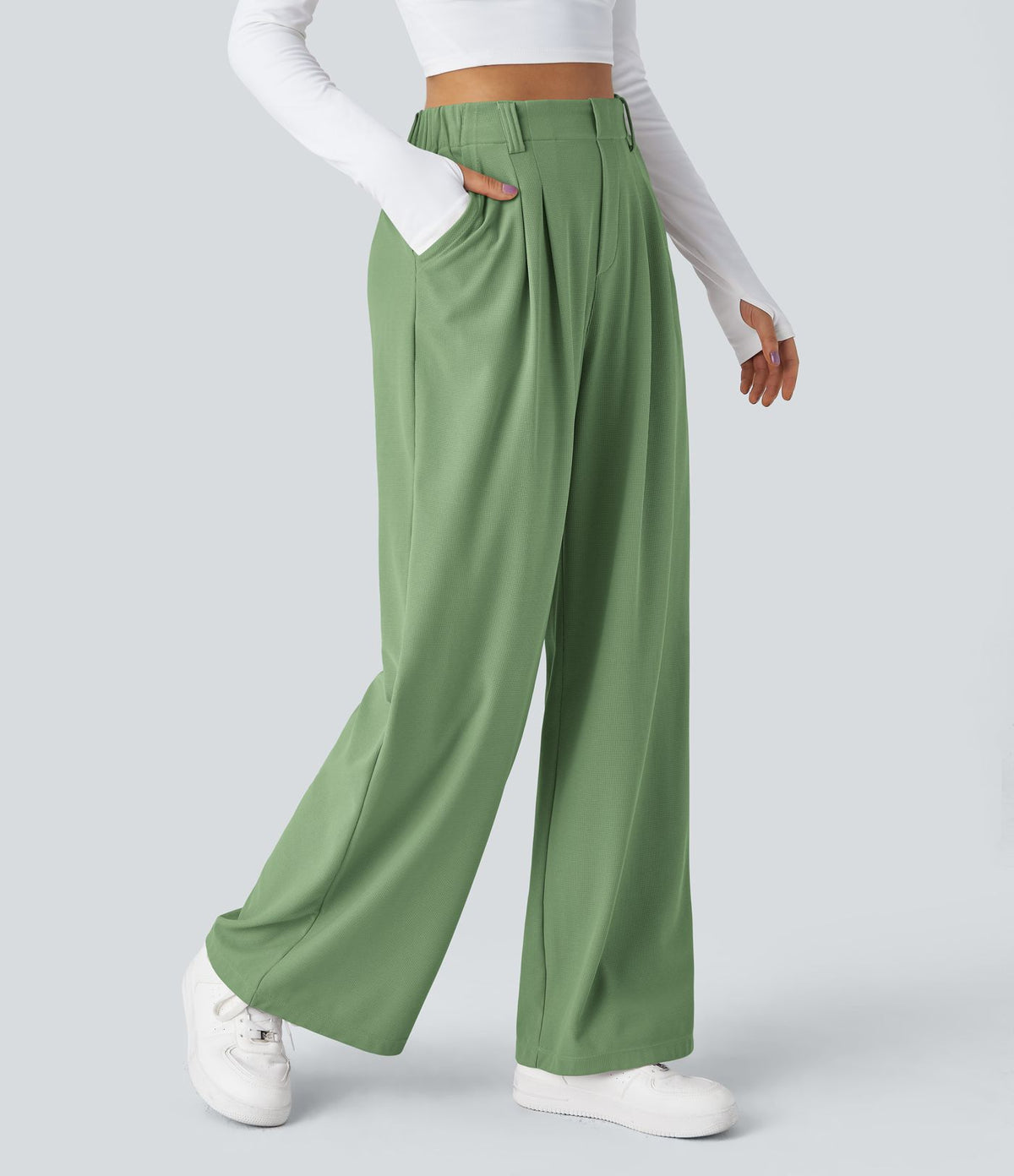 Halara Flex™ Pantalon Tailleur Large Fluide Gaufré Taille Haute Poches Latérales