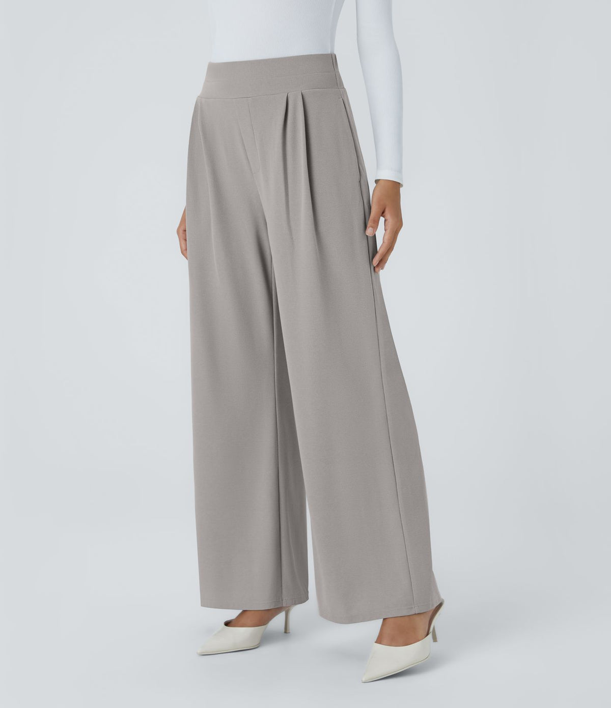 Halara Flex™ Pantalon Tailleur en Tissu Gaufré Taille Haute avec Large Ceinture Plis Poches Latérales Jambes Larges