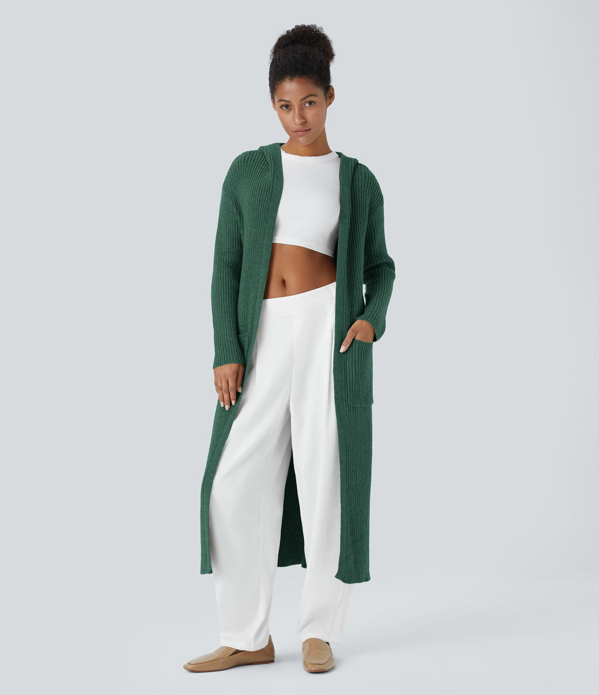 Cardigan long casual à capuche, manches longues et poches