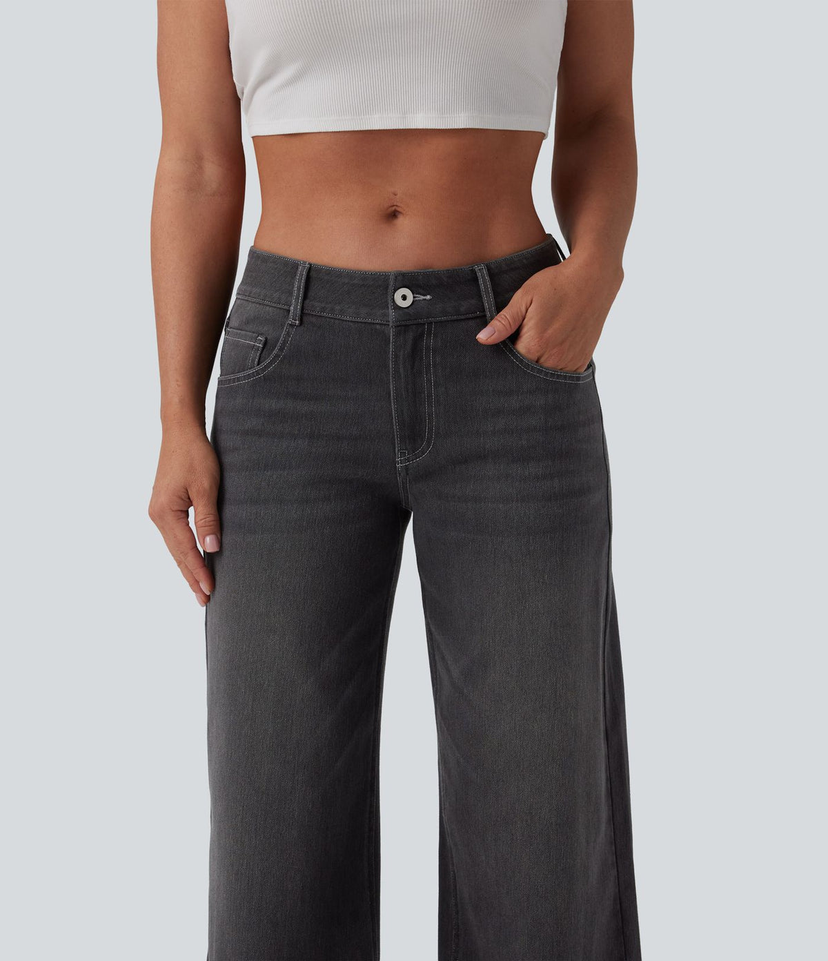 Halara Flex™ Jean Large Casual Taille Basse avec Boutons Zip Multiples Poches Lavés Élastiques et Tricotés