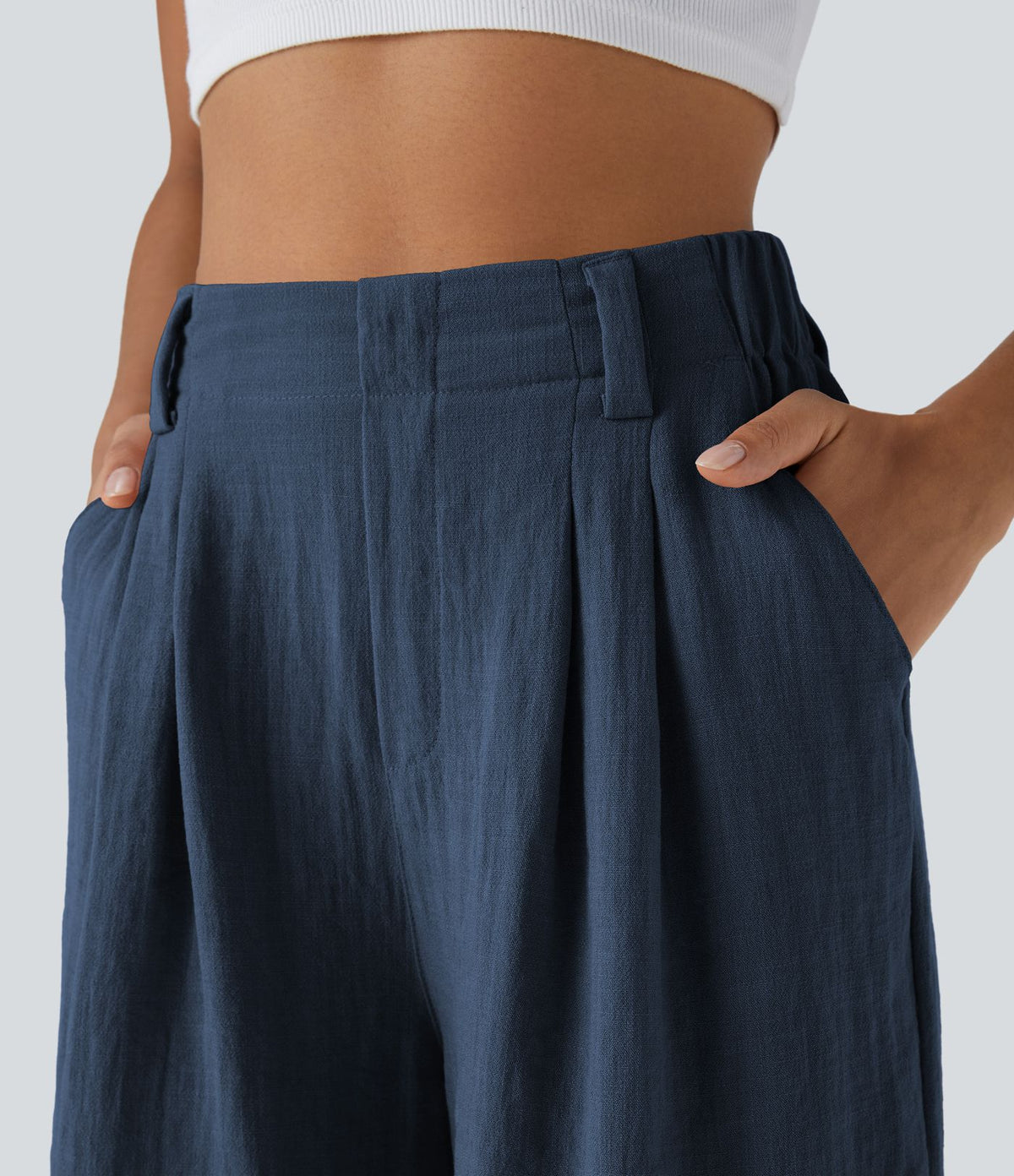 Bermuda Large Fluide Taille Haute avec Plis et Poches Latérales en Lin Synthétique