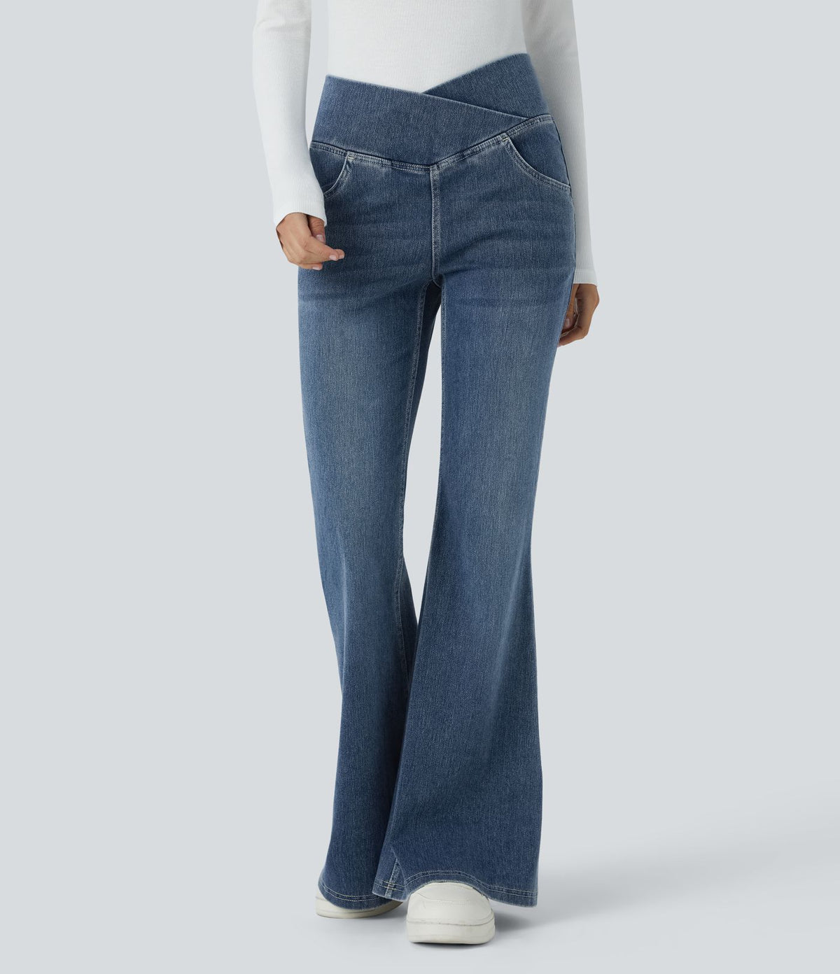 Halara Flex™ Jean Évasé à Taille Haute avec Poche Crossover Tissu Élastique Lavé