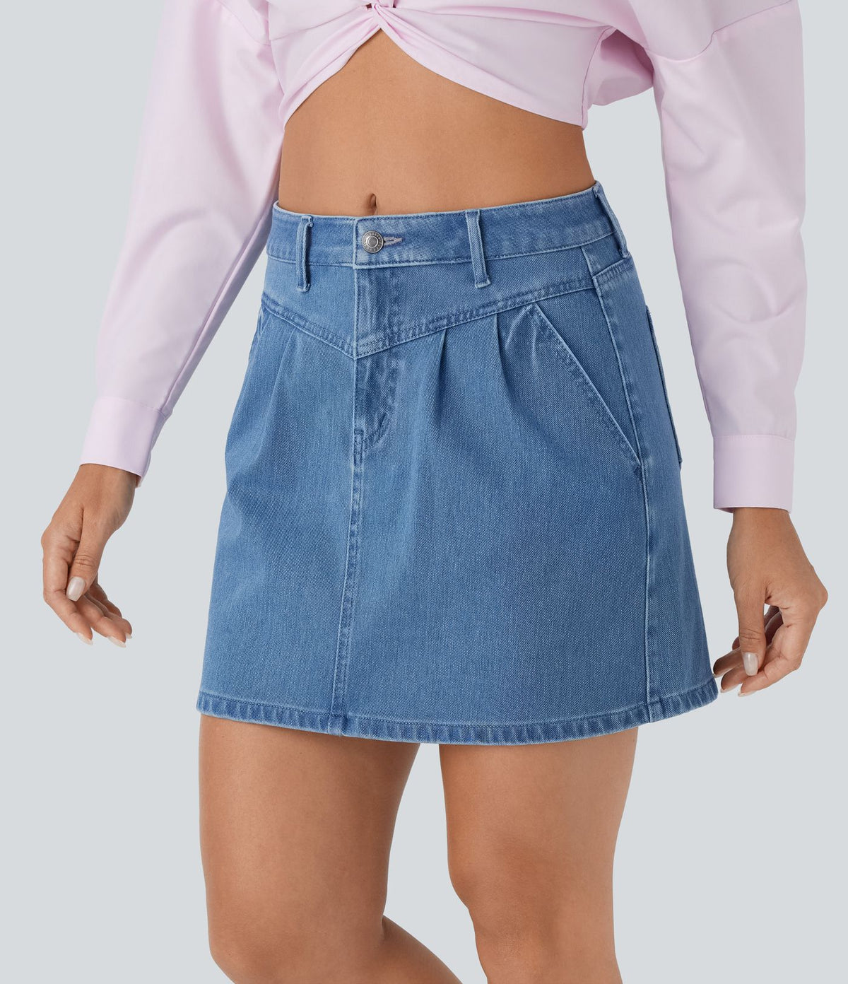 Halara Flex™ jupe patineuse mini taille moyenne en jean extensible avec boutons, fermeture éclair et poches multiples