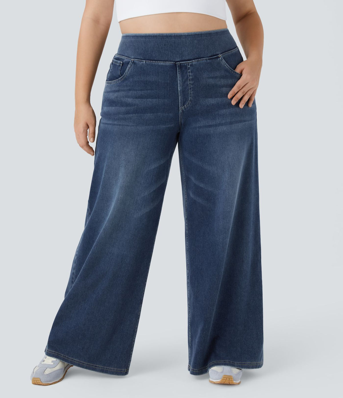 Halara Flex™ Jeans Larges Casual Taille Haute Multiples Poches Lavés Élastiques et Tricotés Grande Taille
