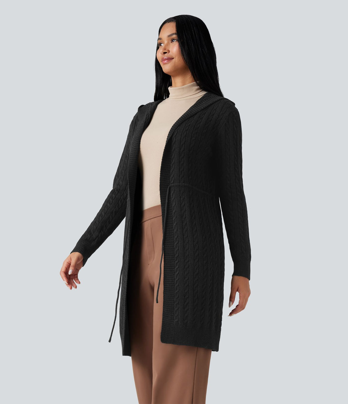Cardigan long à capuche cordon de serrage manches longues