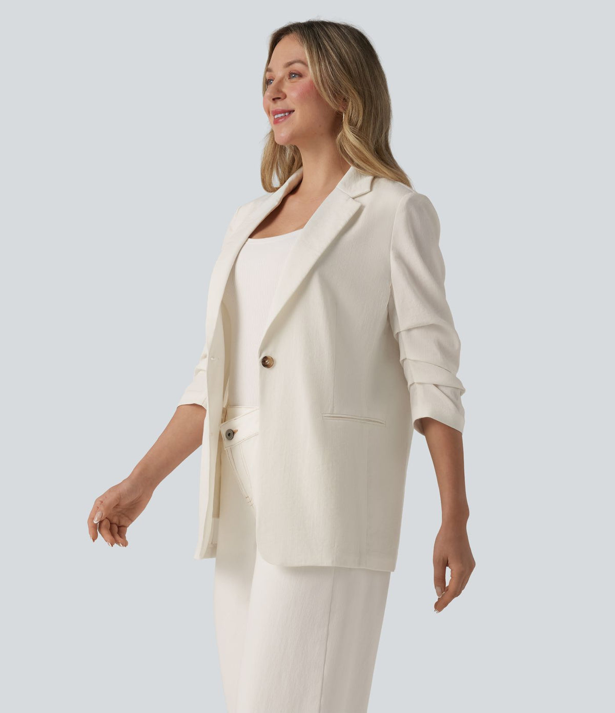 Blazer à manches 3/4 froncées, aspect lin, avec poches, idéal pour le bureau