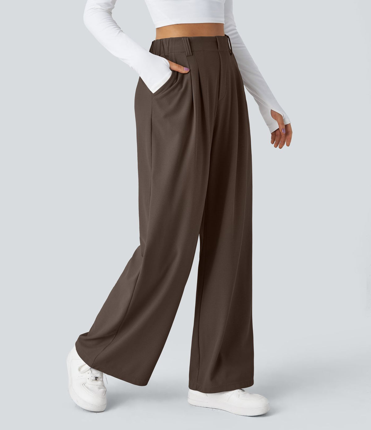 Halara Flex™ Pantalon Tailleur Large Fluide Gaufré Taille Haute Poches Latérales