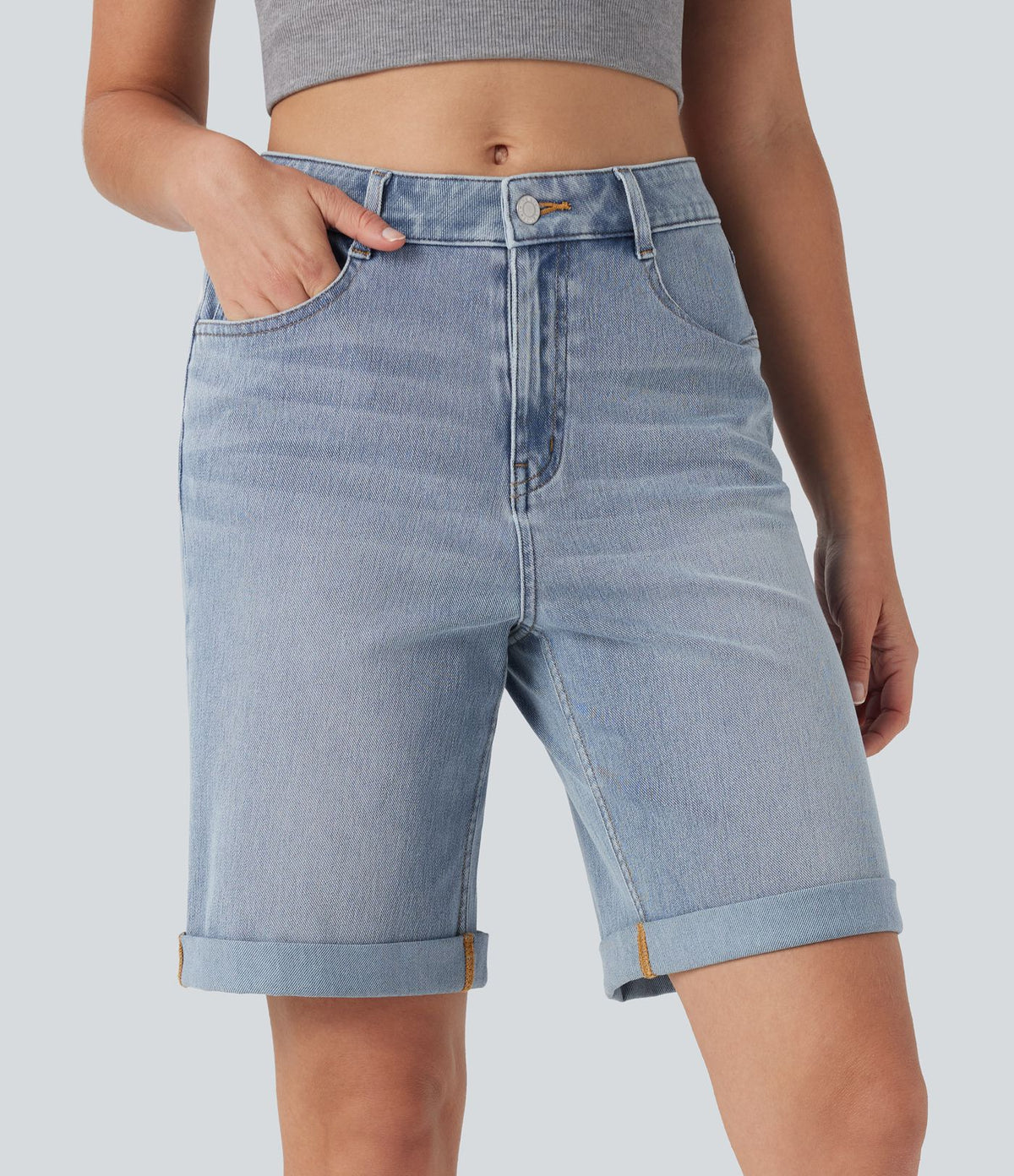 Bermuda décontracté en jean extensible délavé Halara Flex™ taille haute avec revers et multiples poches