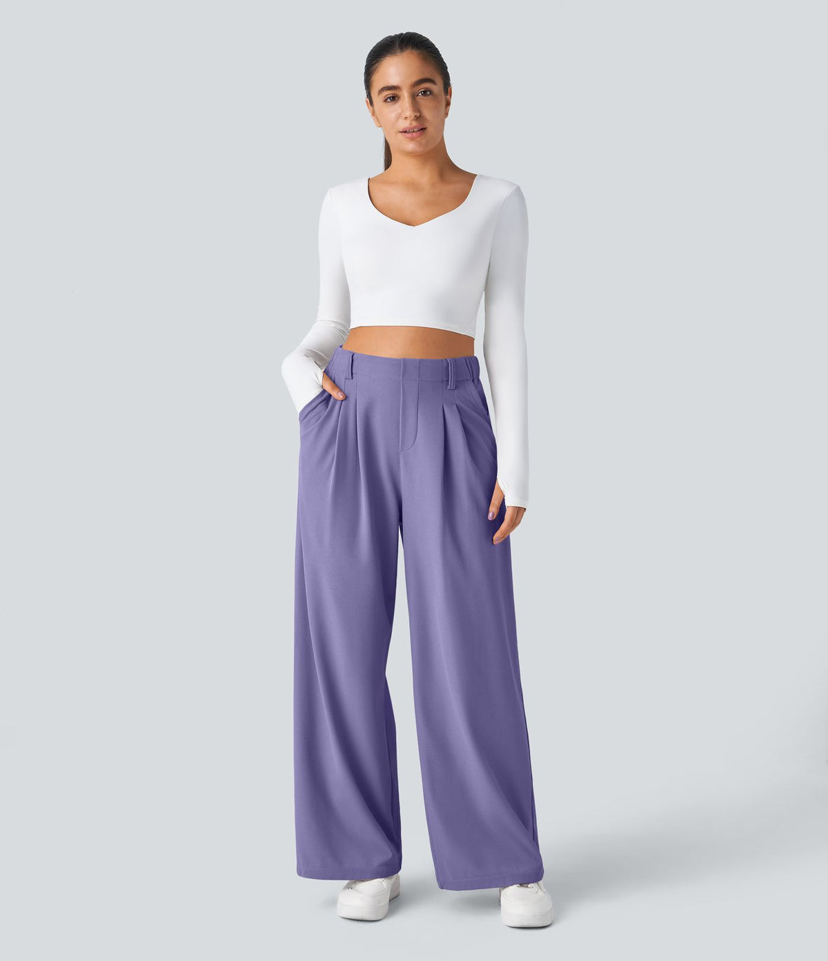 Halara Flex™ Pantalon Tailleur Large Fluide Gaufré Taille Haute Poches Latérales