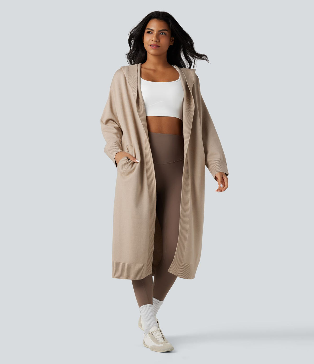 Cardigan long à capuche manches longues avec poches