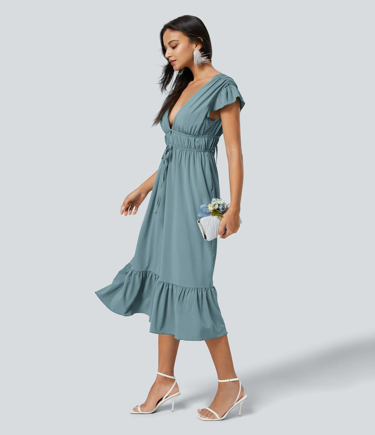 Breezeful™ Robe Midi Séchage Rapide Demoiselle d'Honneur et Invitée de Mariage Encolure en V Profond Manches Papillon Dos Nu Nœud Poches Latérales Ourlet à Volants