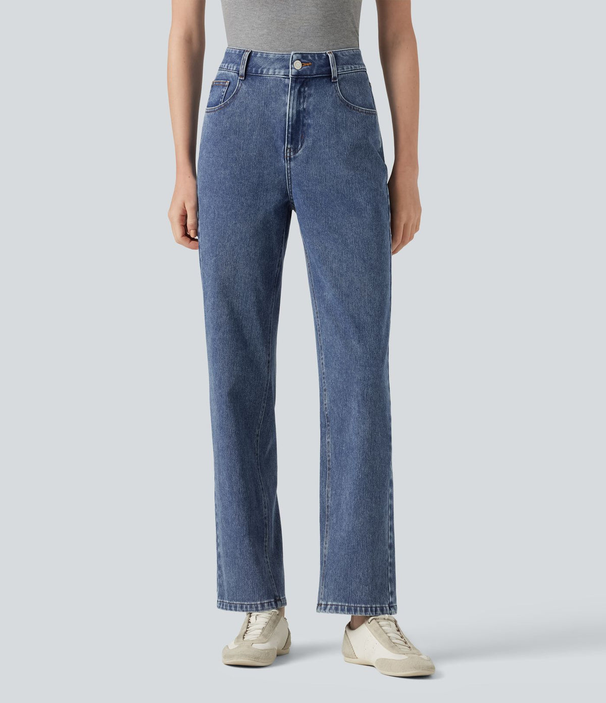 Halara Flex™ Jean droit extensible à taille haute avec bouton, fermeture éclair et poches multiples