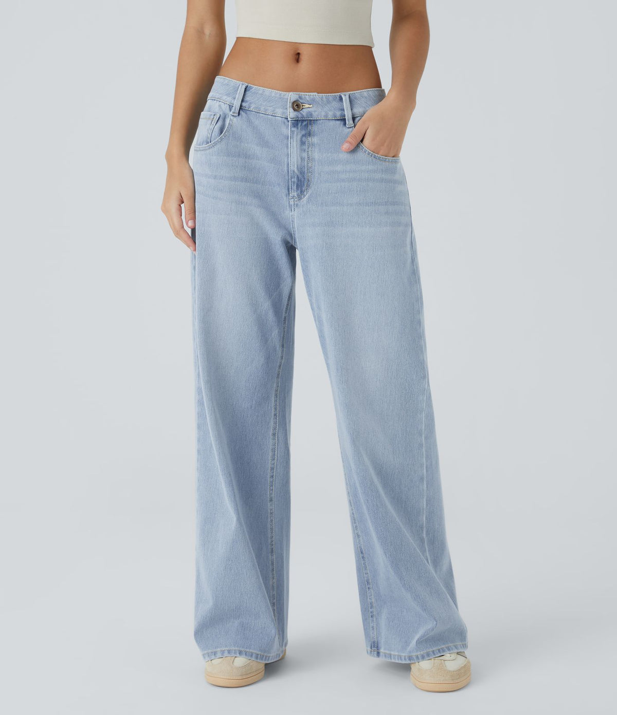 Halara Flex™ Jean Large Casual Taille Basse avec Boutons Zip Multiples Poches Lavés Élastiques et Tricotés