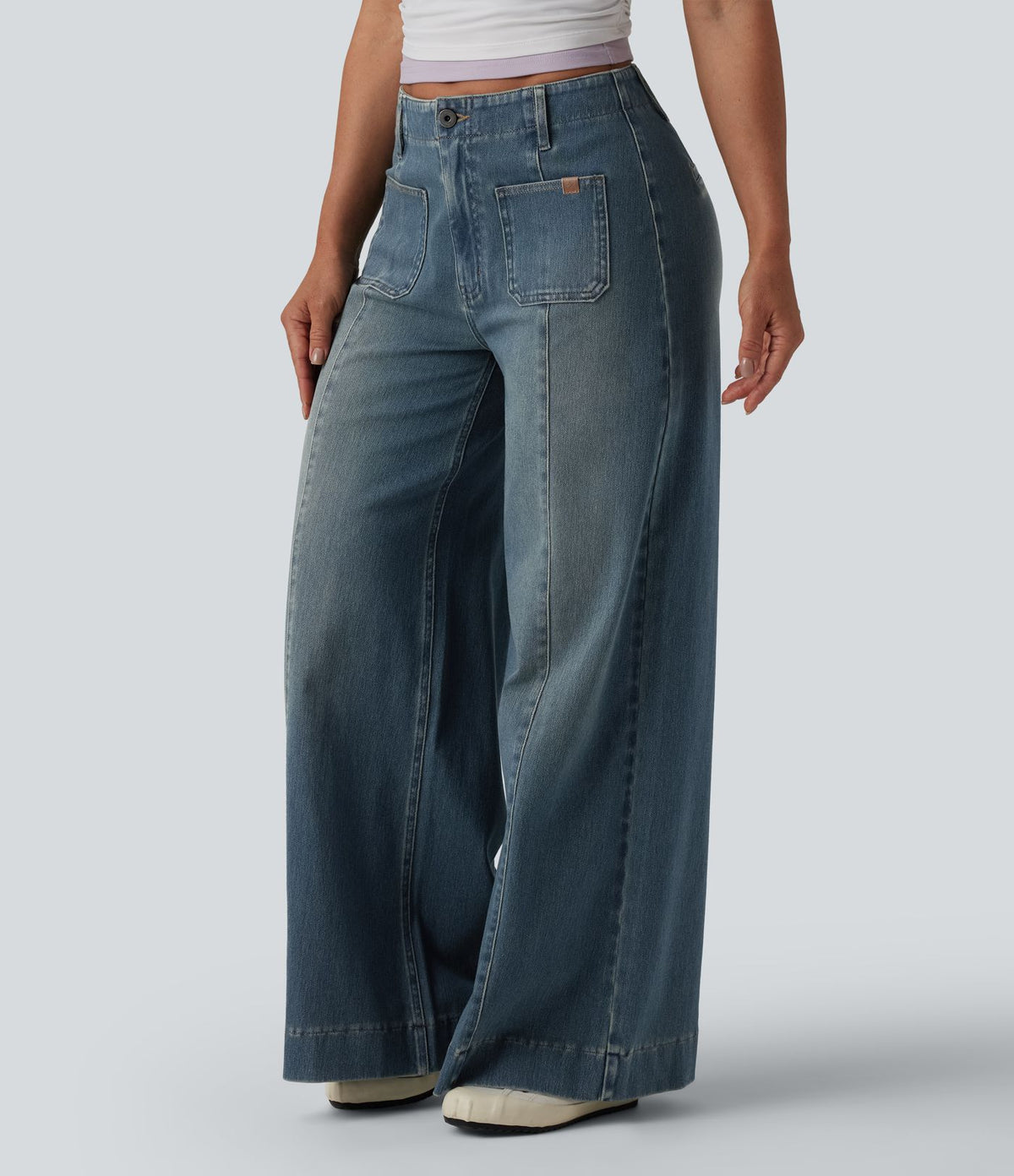 Halara Flex™ Jean large Palazzo et Taille Haute avec Poches Avant en Tricot Extensible Lavé
