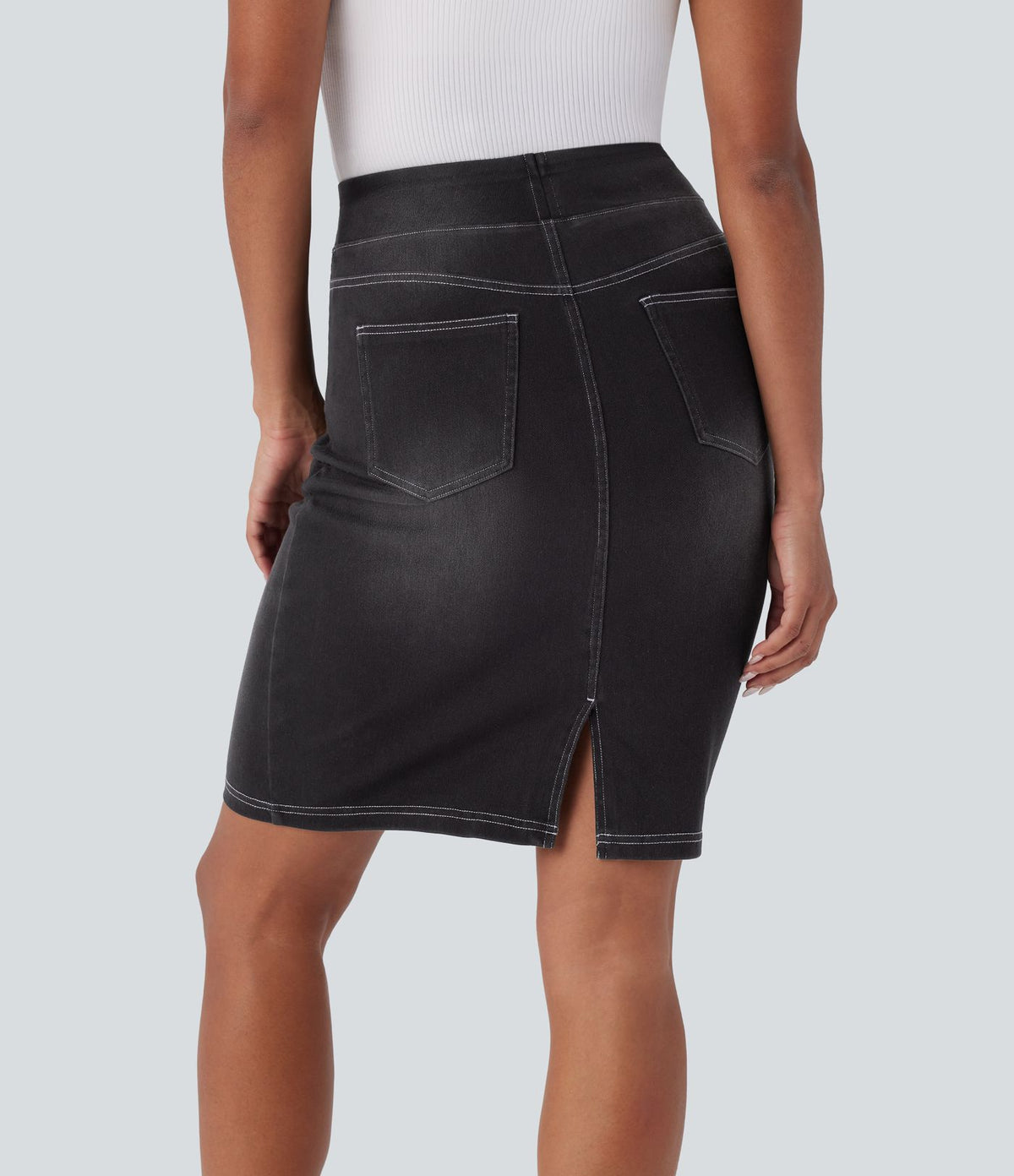 Halara Flex™ Jupe en Jean décontractée stretch délavé à taille haute, multiples poches et fente latérale