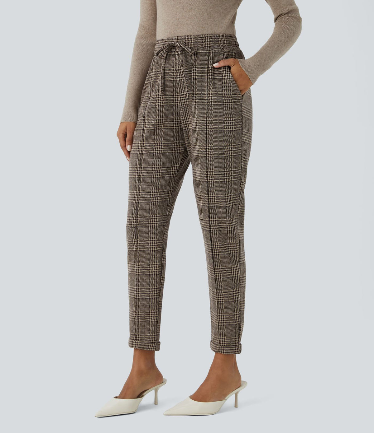 Halara Flex™ Pantalon Tailleur taille mi-haute à motif pied-de-poule avec cordon de serrage et poches latérales