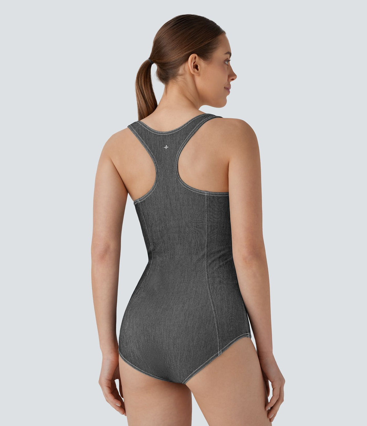 Body de tennis Halara Flex™ en denim stretch délavé à col carré, dos nageur et effet frais InstantCool