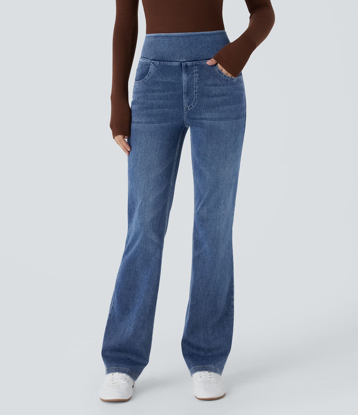 Halara Flex™ Jean bootcut décontracté extensible délavé taille haute à poches multiples