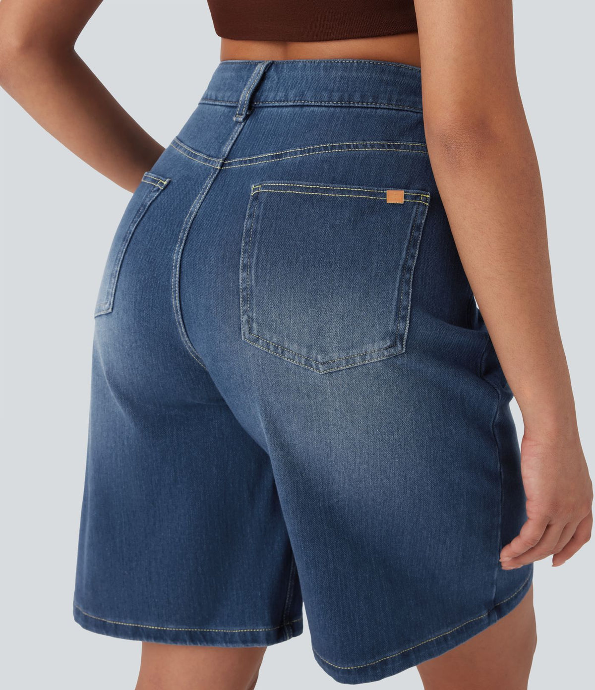 Bermuda en jean délavé Halara Flex™ taille haute à poches multiples