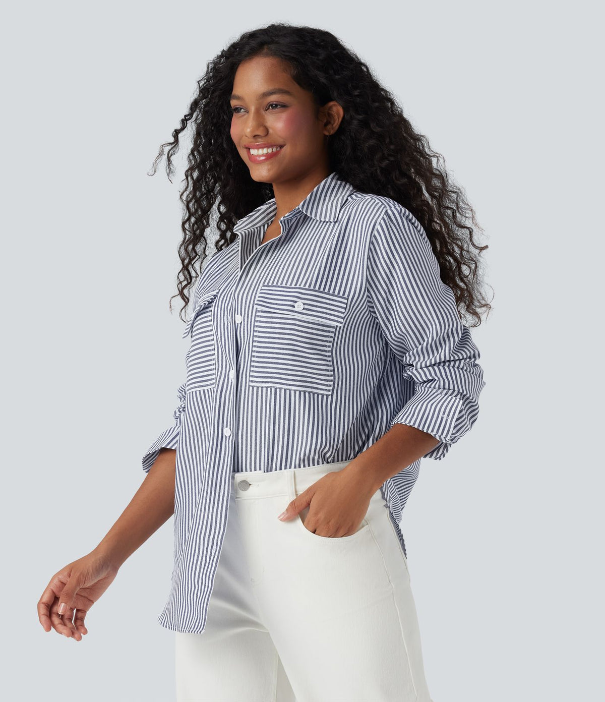 Chemise décontractée manches longues à rayures ourlet arrondi