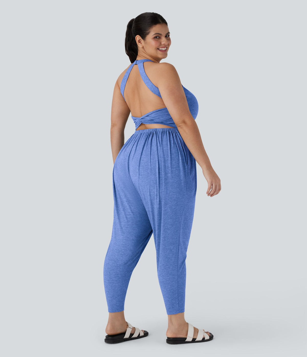 Combinaison sarouel dos nu torsadée grande taille avec poche latérale - Édition facile à enfiler