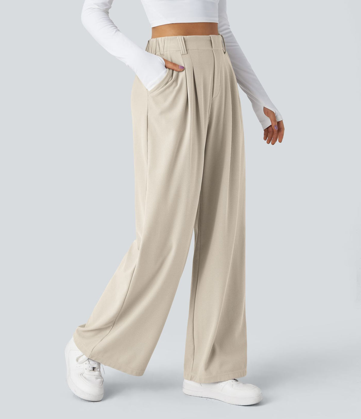 Halara Flex™ Pantalon Tailleur Large Fluide Gaufré Taille Haute Poches Latérales