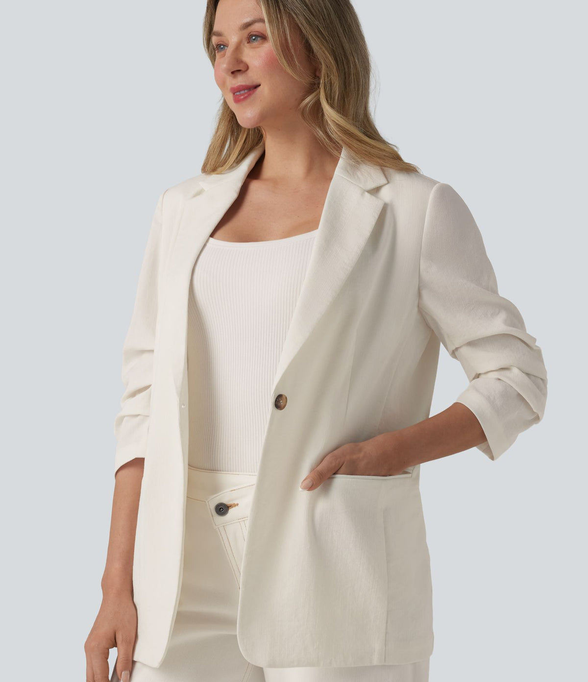 Blazer à manches 3/4 froncées, aspect lin, avec poches, idéal pour le bureau