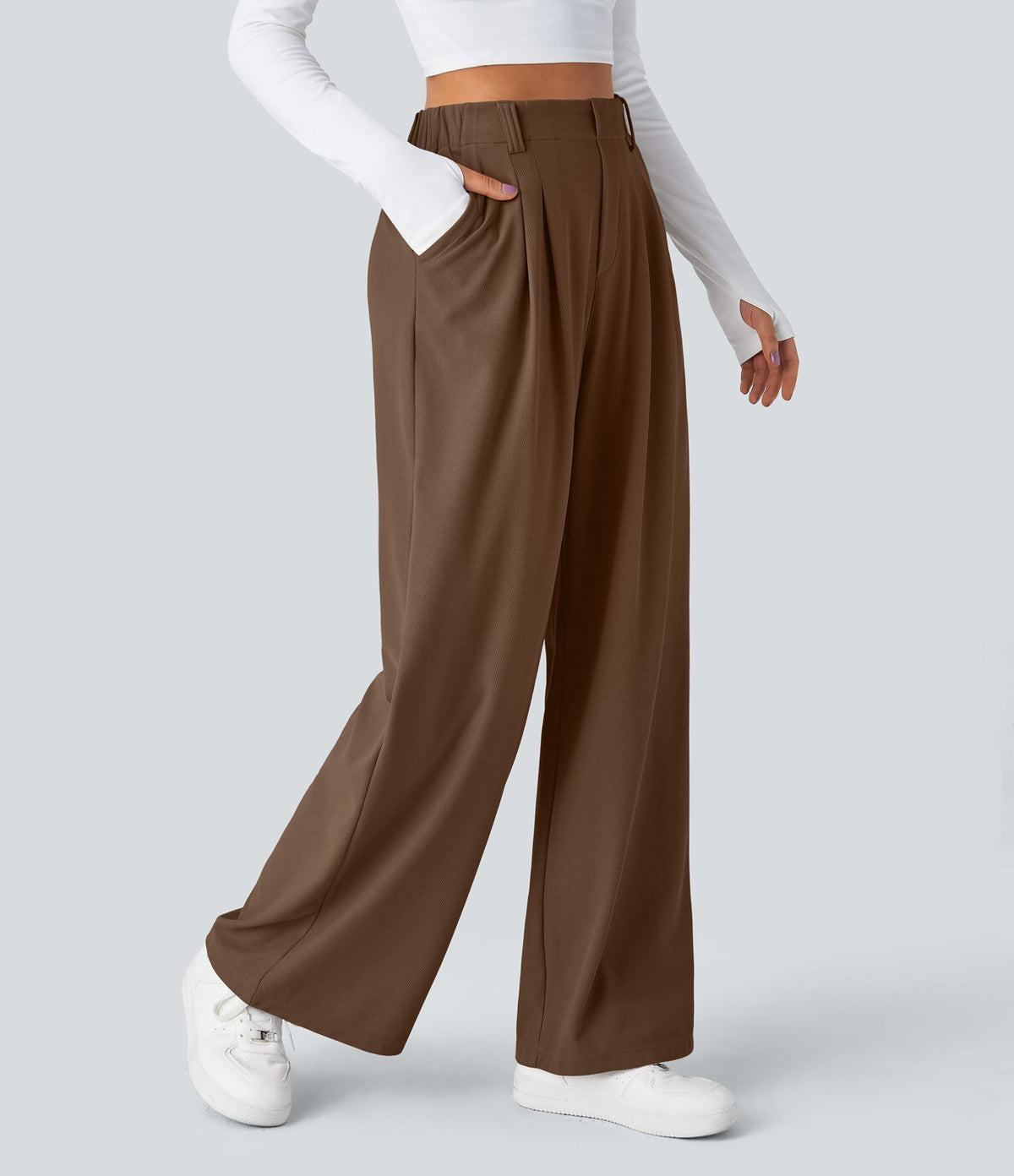 Halara Flex™ Pantalon Tailleur Large Fluide Gaufré Taille Haute Poches Latérales