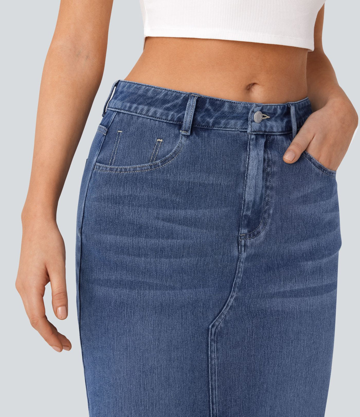 Halara Flex™ Jupe en Jean longue décontractée extensible délavé taille moyenne avec fente et multiples poches