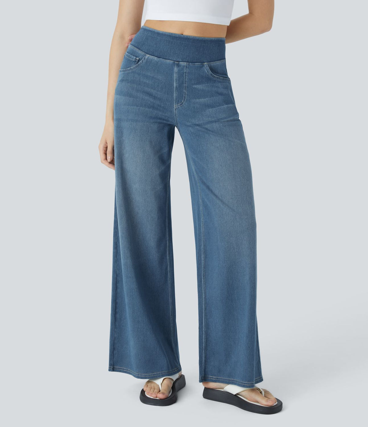 Halara Flex™ Jean Large Casual Taille Haute Poches Multiples Tricot Extensible Délavé