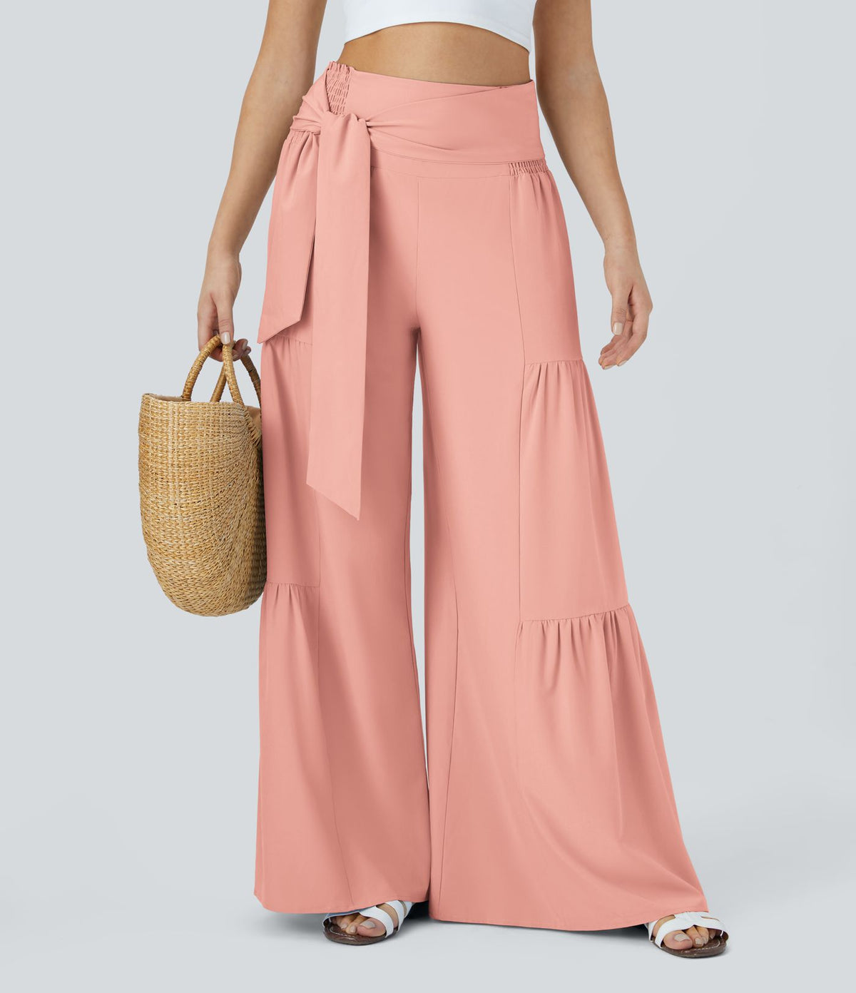 Breezeful™ Pantalon Large Casual Taille Haute Froncé à Nouer Devant et Dos Fluide Séchage Rapide