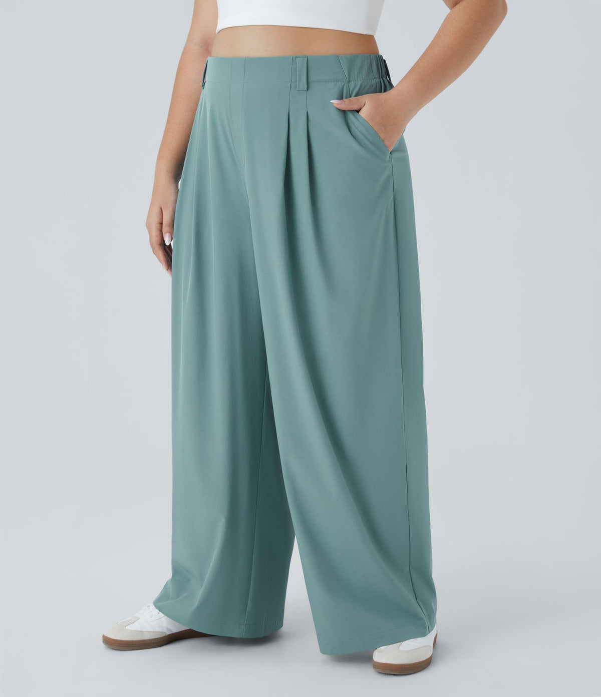 Breezeful™ Pantalon Évasé Palazzo Grande Taille Casual Taille Haute avec Plis Poche Latérale Fluide Uni et Séchage Rapide