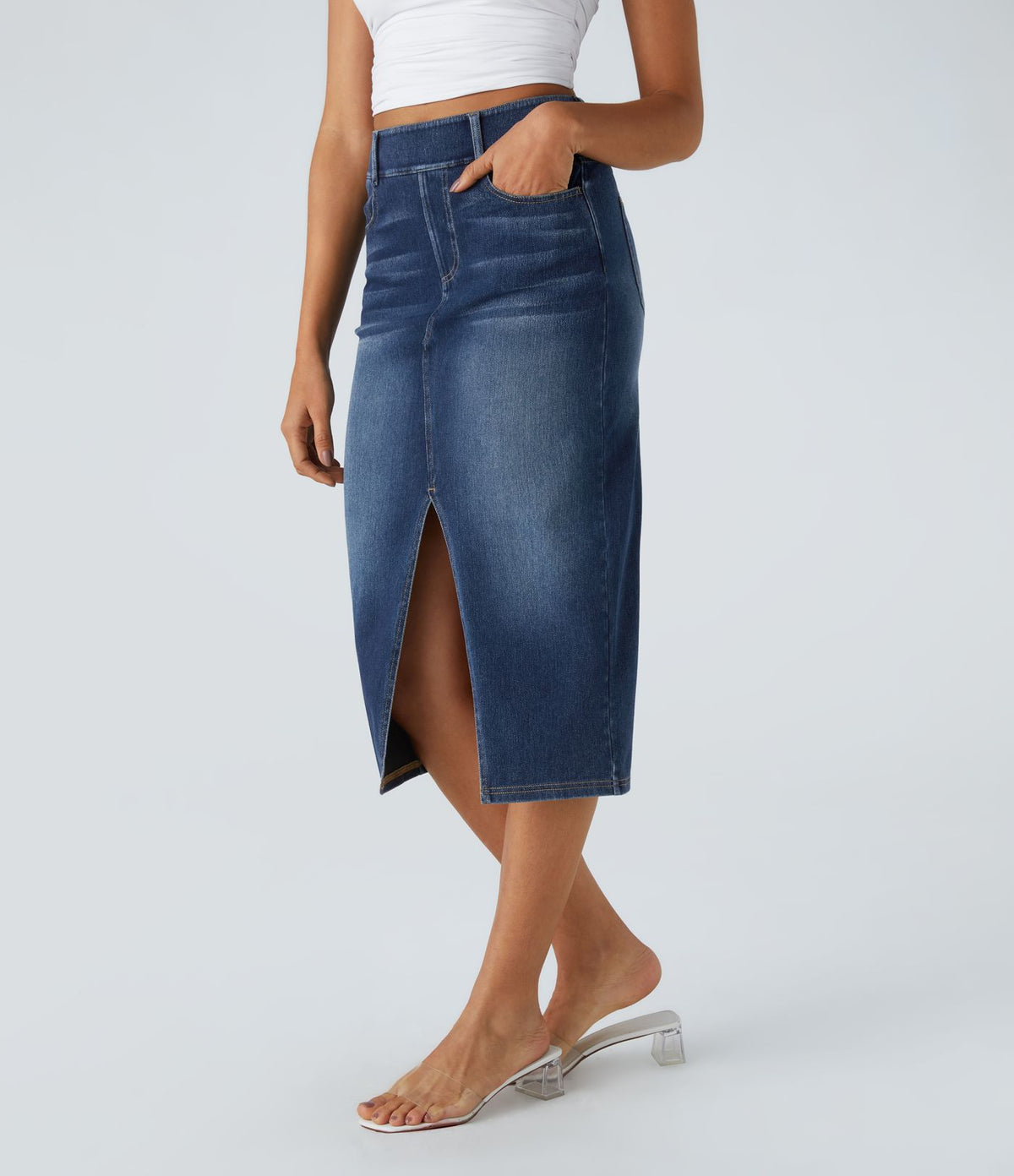 Halara Flex™ Jupe en Jean Casual Mi-Longue Délavé Extensible Plusieurs Poches Taille Haute