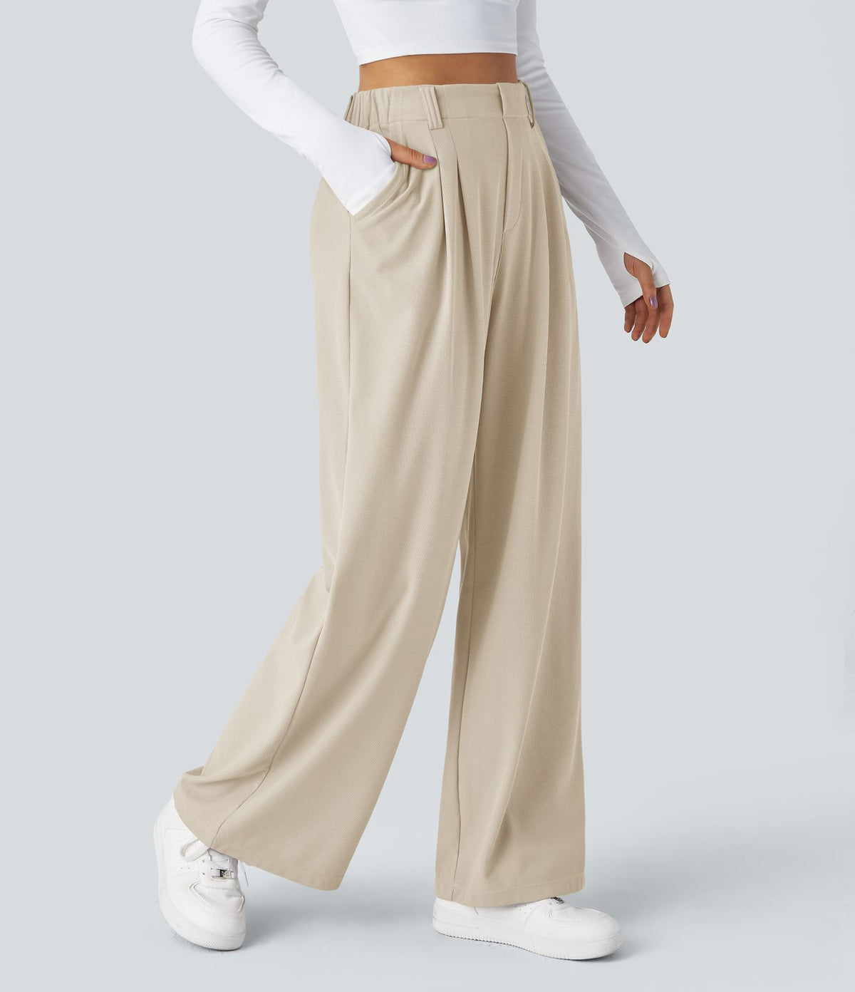 Halara Flex™ Pantalon Tailleur Large Fluide Gaufré Taille Haute Poches Latérales