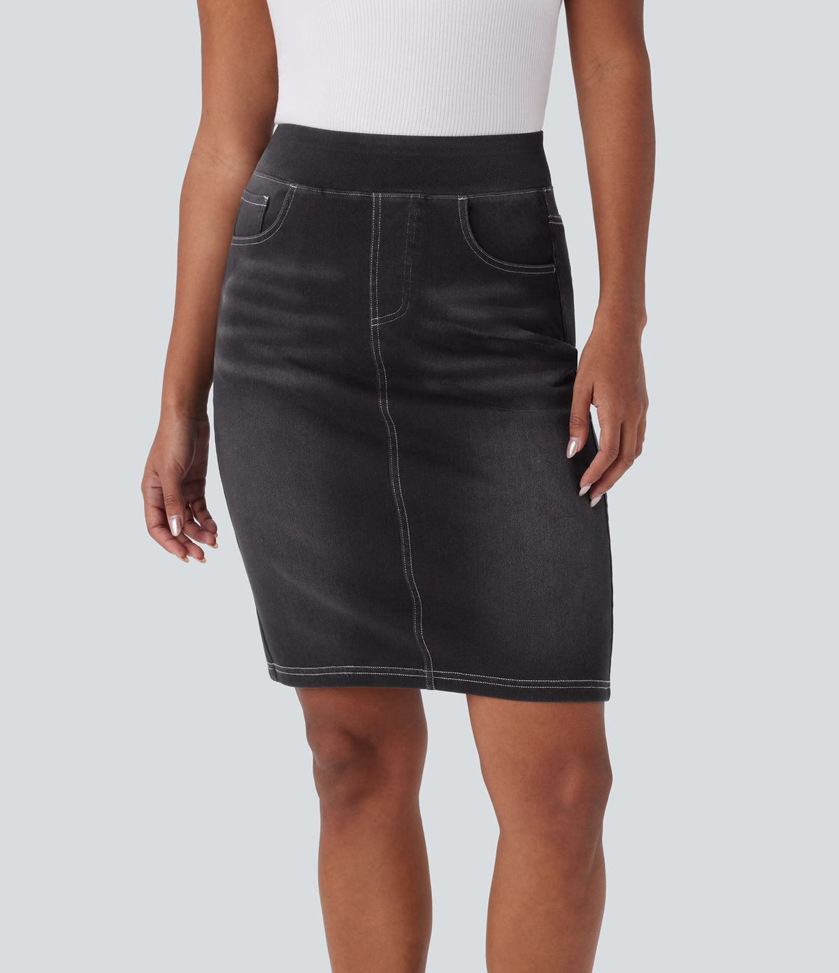 Halara Flex™ Jupe en Jean décontractée stretch délavé à taille haute, multiples poches et fente latérale