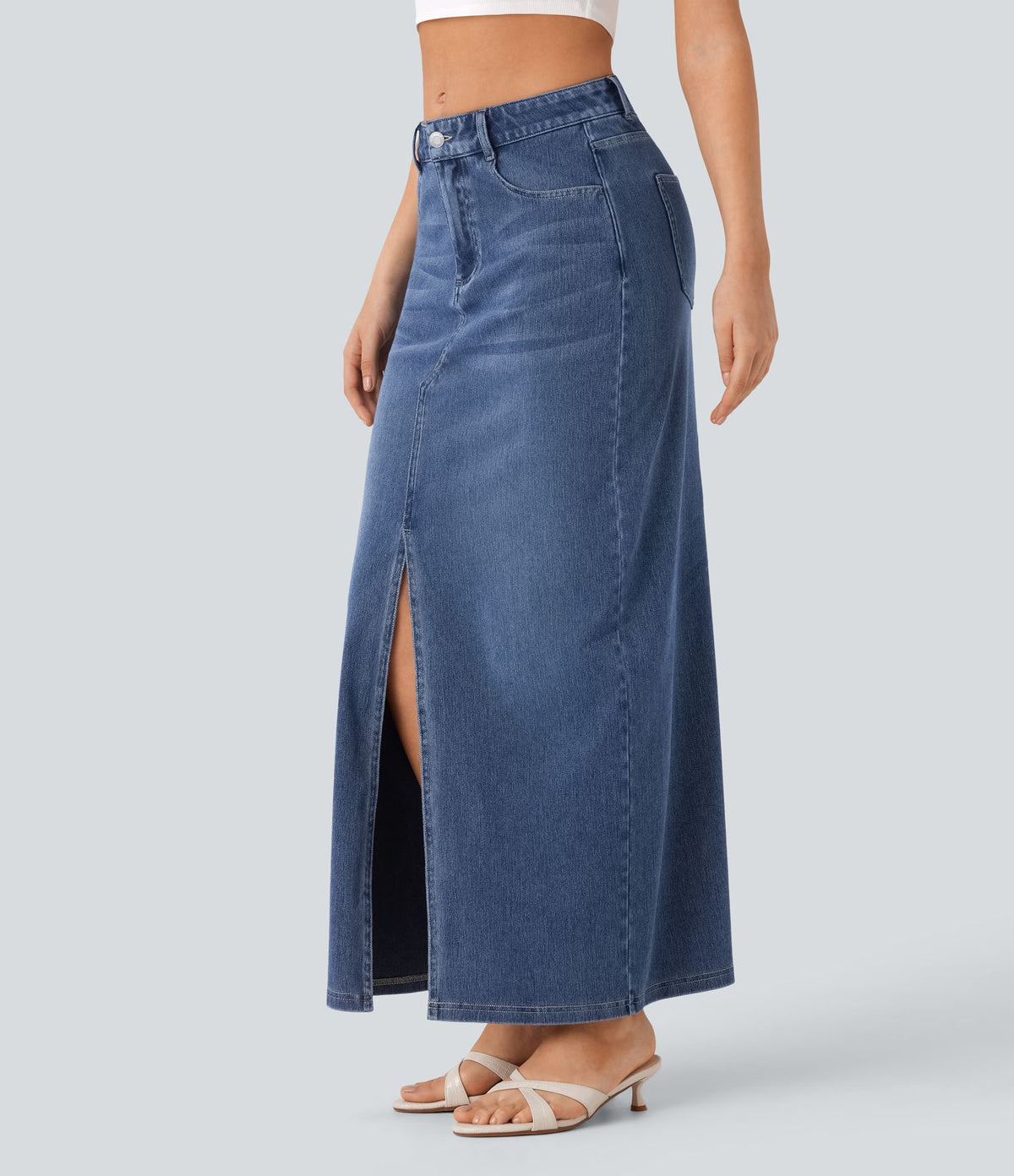 Halara Flex™ Jupe en Jean longue décontractée extensible délavé taille moyenne avec fente et multiples poches