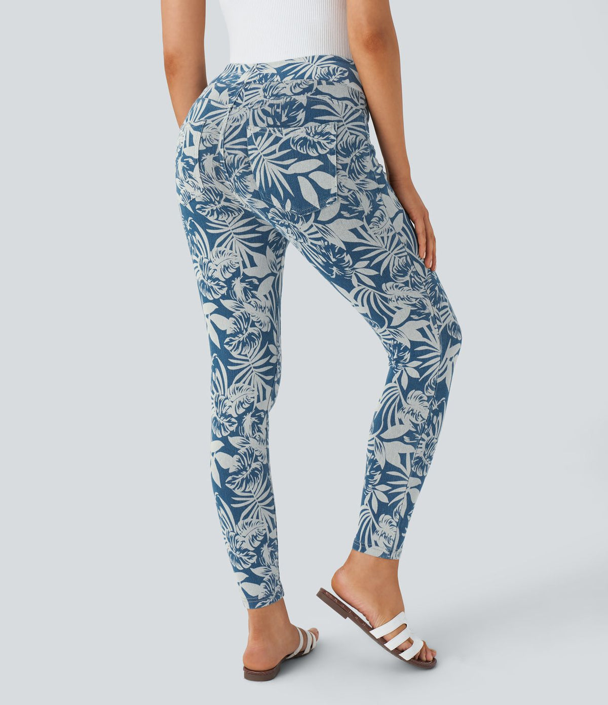Halara Flex™ Leggings Casual en Denim Tricot Extensible à Taille Haute avec Imprimé Floral et Plusieurs Poches - 7/8