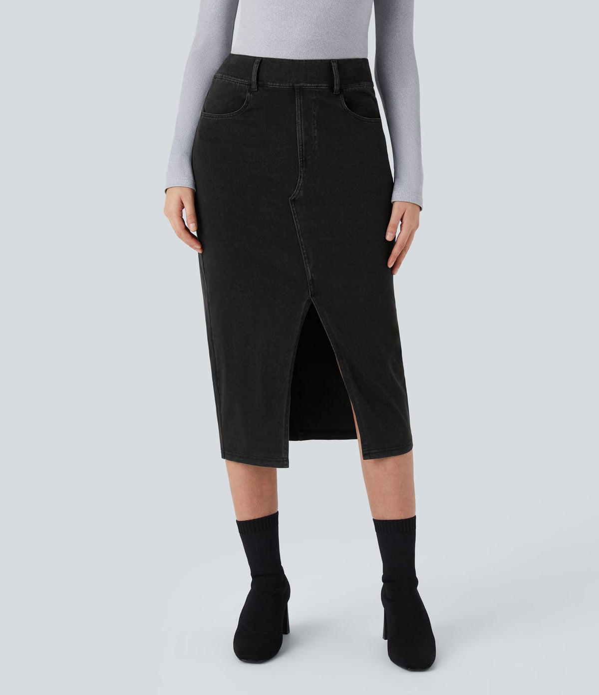 Halara Flex™ Jupe en Jean Midi Casual Tricot Extensible Taille Haute Poches Multiples