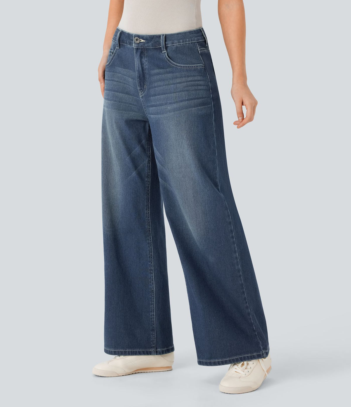 Halara Flex™ Jean Large Casual Taille Basse avec Boutons Zip Multiples Poches Lavés Élastiques et Tricotés