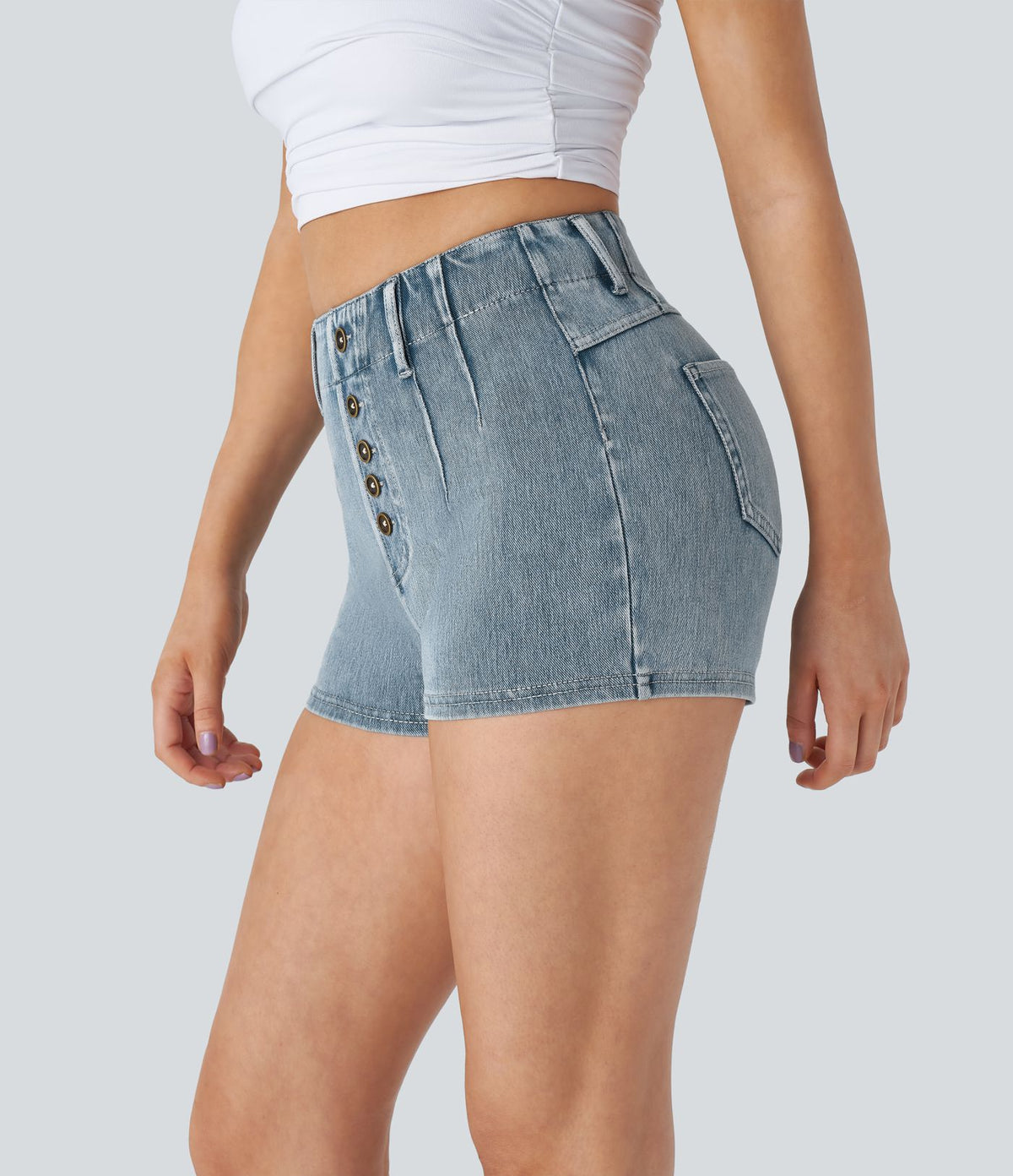 Halara Flex™ Short 5cmCasual Taille Haute en Denim Tricoté Stretch avec Boutons Décoratifs et Poches Arrière