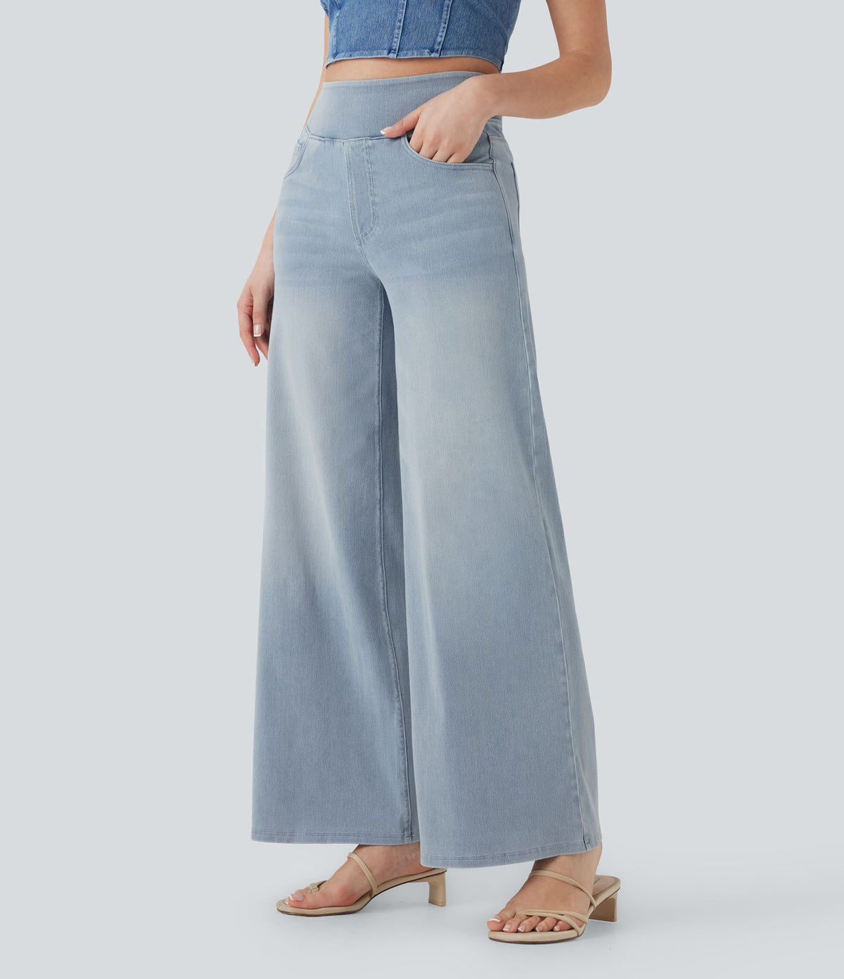 Halara Flex™ Jean Large Casual Taille Haute Poches Multiples Tricot Extensible Délavé
