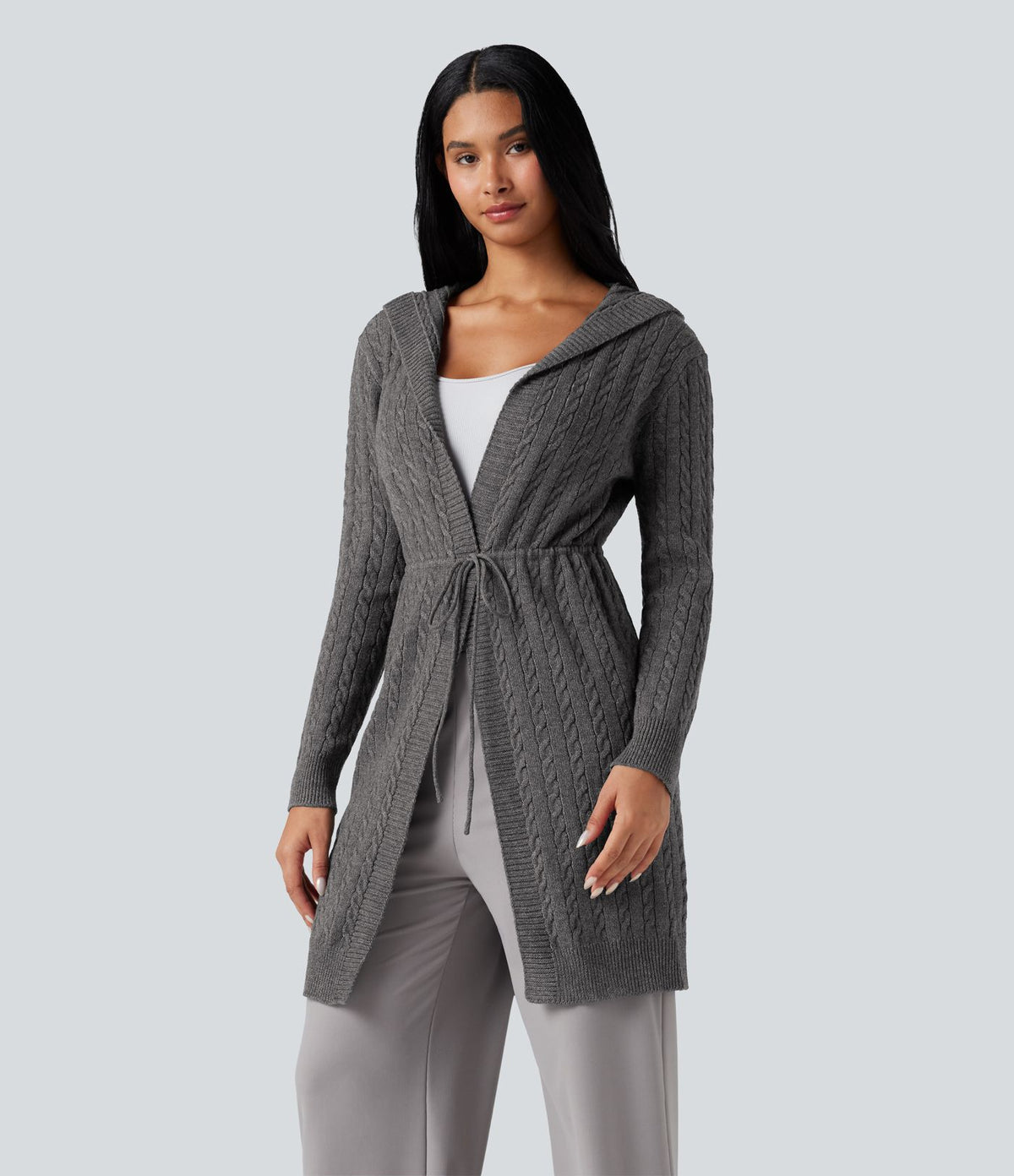 Cardigan long à capuche cordon de serrage manches longues