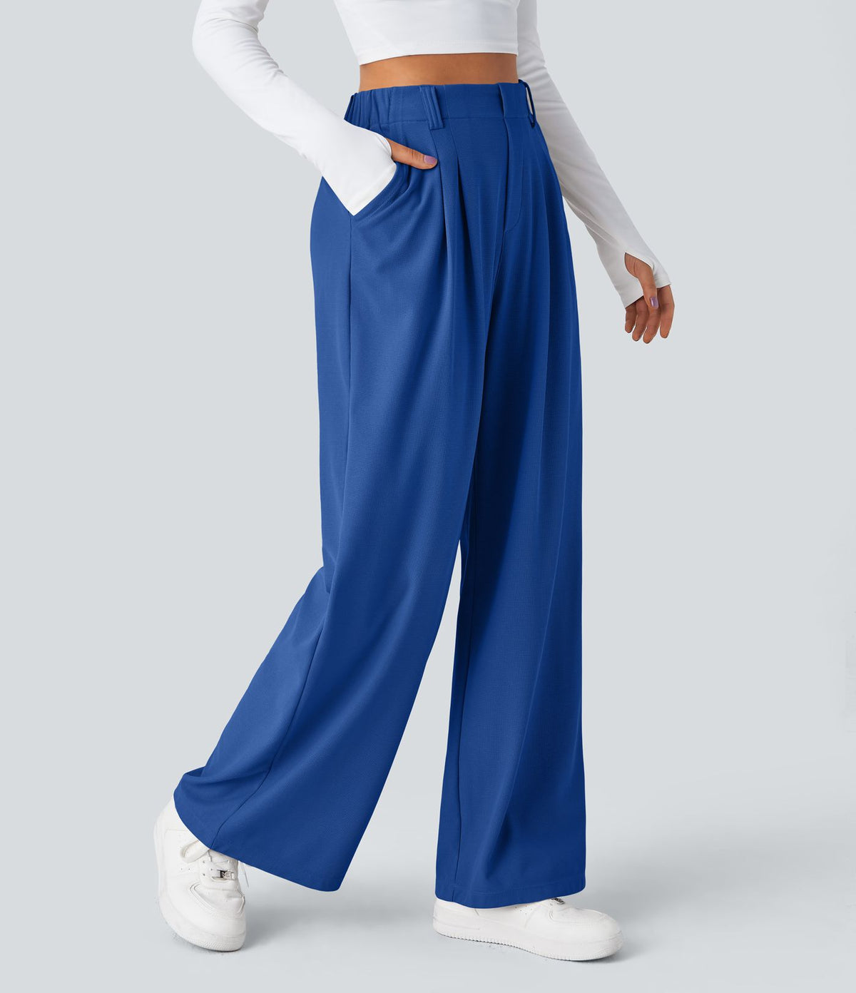 Halara Flex™ Pantalon Tailleur Large Fluide Gaufré Taille Haute Poches Latérales