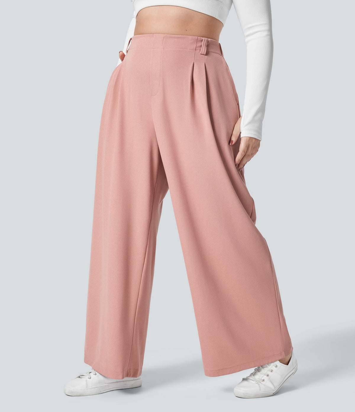 Halara Flex™ Pantalon tailleur Grande taille à Taille Haute, Poches Latérales Plissées, Jambes Larges, en Tissu Gaufré