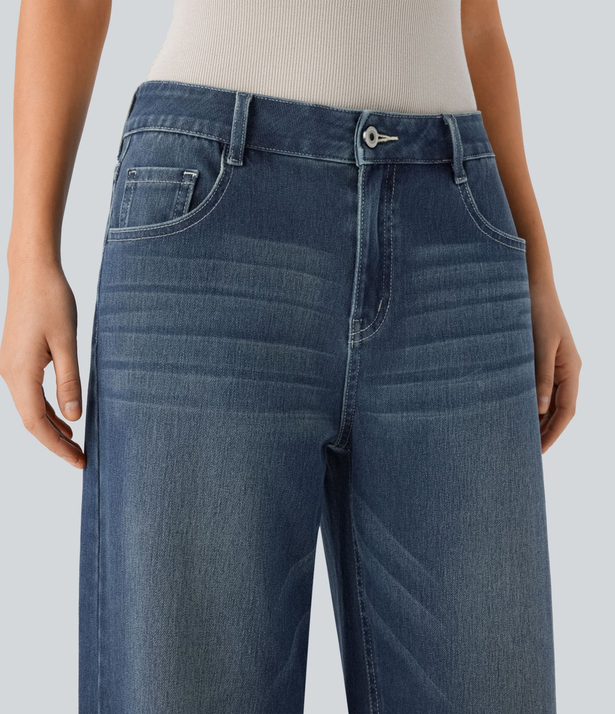 Halara Flex™ Jean Large Casual Taille Basse avec Boutons Zip Multiples Poches Lavés Élastiques et Tricotés