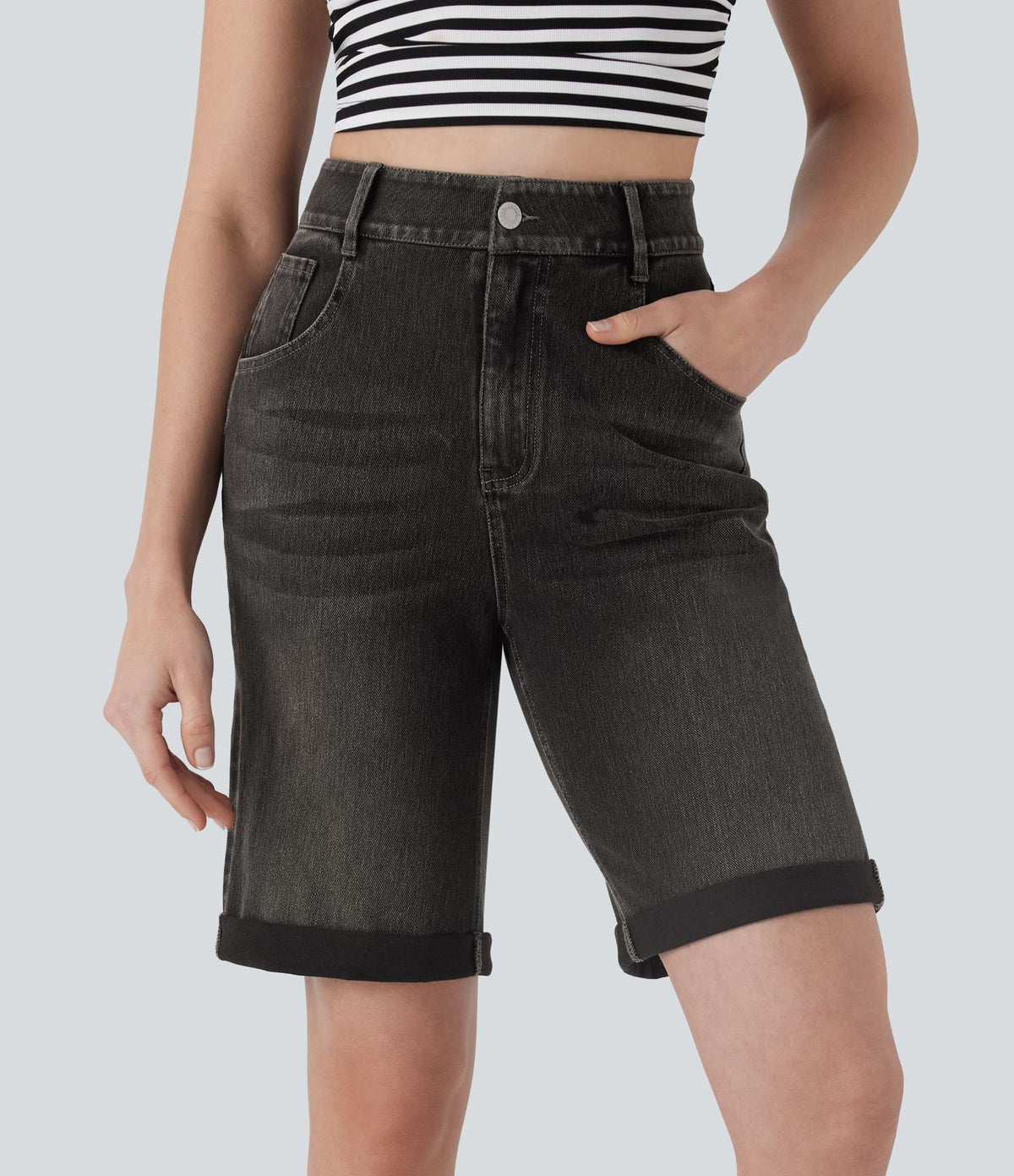 Bermuda décontracté en jean extensible délavé Halara Flex™ taille haute avec revers et multiples poches