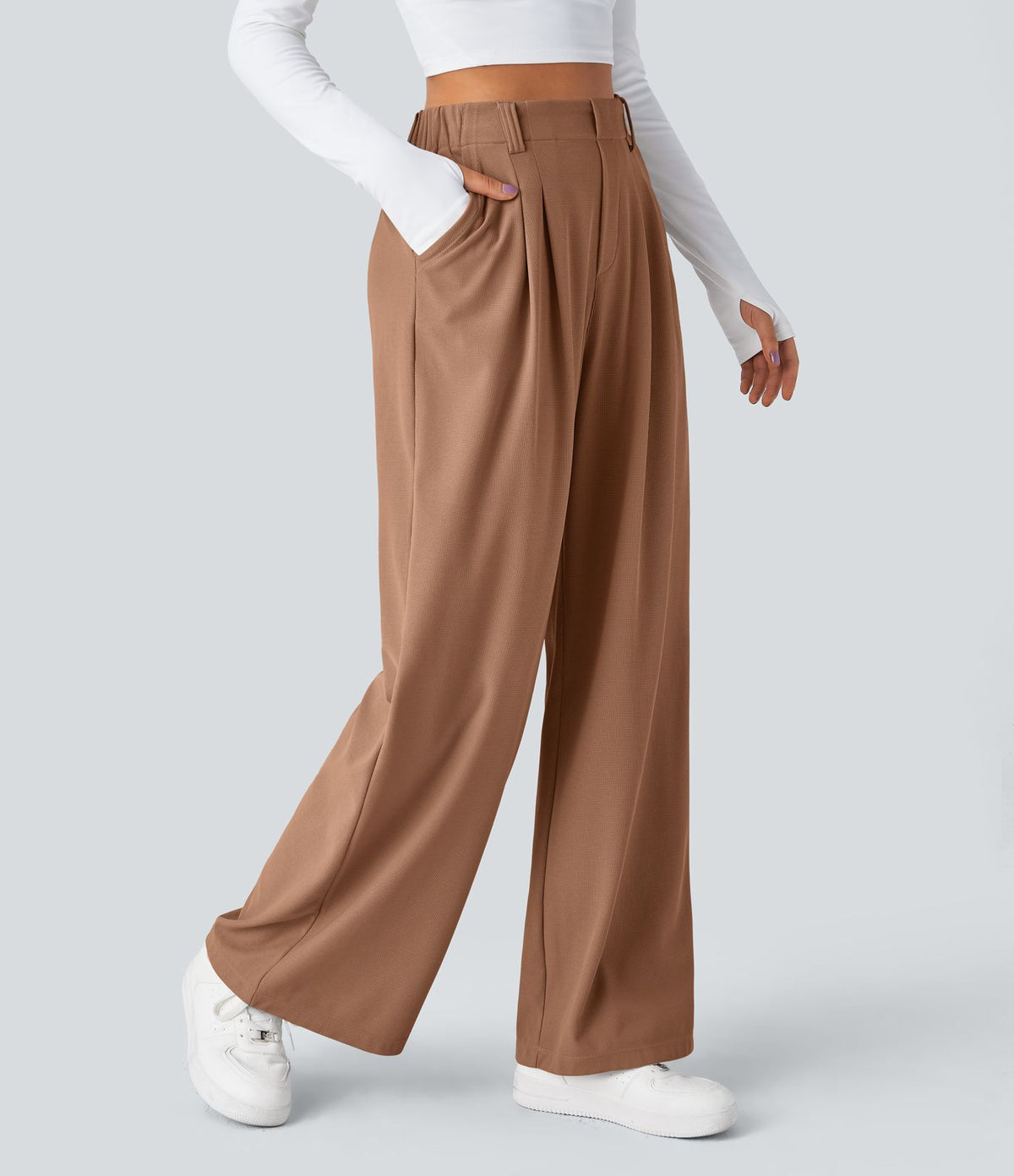 Halara Flex™ Pantalon Tailleur Large Fluide Gaufré Taille Haute Poches Latérales