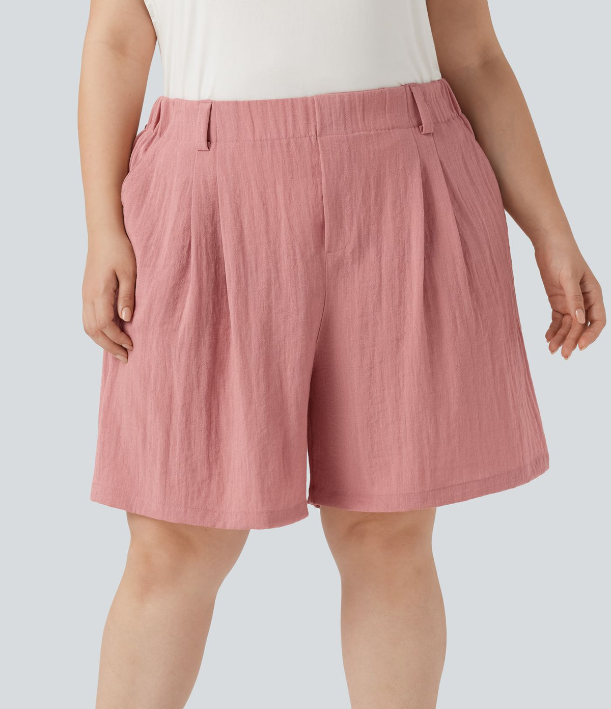 Bermuda décontracté grande taille aspect lin taille haute avec poches