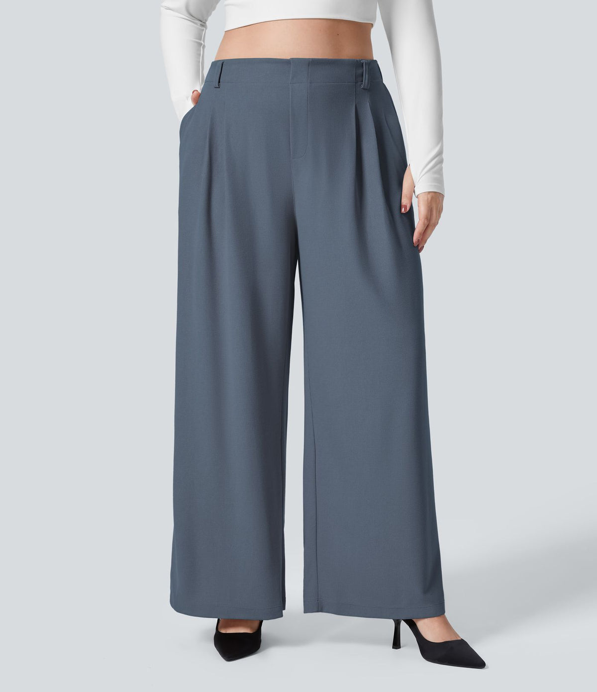 Halara Flex™ Pantalon tailleur Grande taille à Taille Haute, Poches Latérales Plissées, Jambes Larges, en Tissu Gaufré