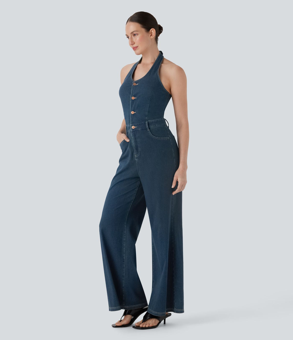 Combinaison décontractée Halara Flex™ col licou dos nu jambes larges en denim maille extensible avec multiples poches